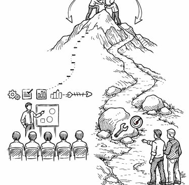 Hand-drawn illustration showing business strategy, team training, and workers reaching a mountain summit goal.
