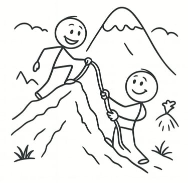 Stick figure mountain climbers helping each other reach the summit with a rope for team success.
