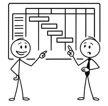 Stick figure businessmen discussing a project management Gantt chart on a whiteboard for timeline planning.