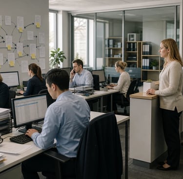 Office team observing workflow bottlenecks, handovers and process inefficiencies during daily operations.