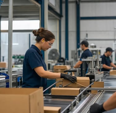 Manufacturing team operating a packaging line to improve process flow, productivity and operational efficiency.