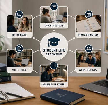 Student life system map linking subjects, assignments, group work, exams and feedback for academic success.