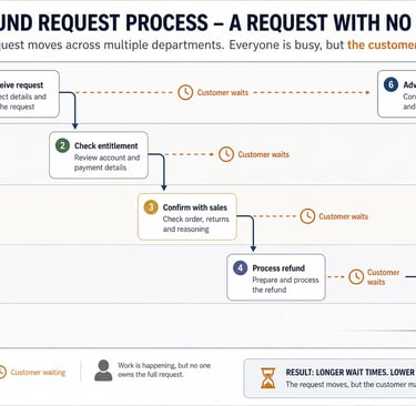 Cross functional process map showing customer wait times caused by multiple handovers and unclear ownership.
