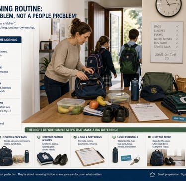 Family morning routine checklist showing how preparation reduces stress, delays and school rush chaos.