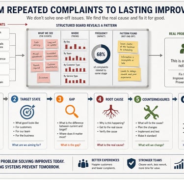 A3 problem solving approach transforming recurring customer complaints into sustainable process improvements.