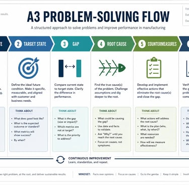 A3 problem solving framework showing current state, root cause analysis, countermeasures and follow up actions.