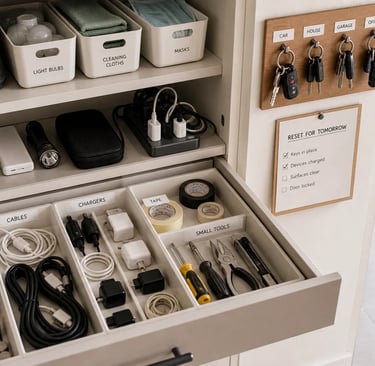 Organised home storage system with labelled drawers, chargers, tools and daily essentials for efficiency.