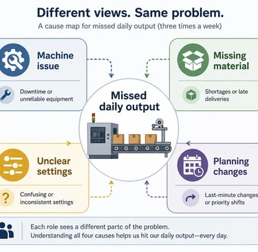 Cross functional root cause analysis showing how different departments contribute to production performance issues.