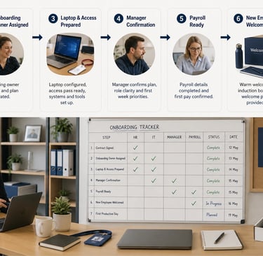 Structured employee onboarding process improving readiness, accountability and new starter experience.