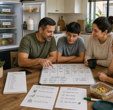 Family meal planning and food management system to reduce waste, save money and improve organisation.
