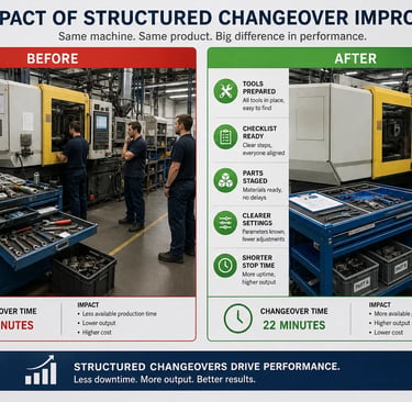 SMED changeover improvement reducing machine setup time, downtime and production losses in manufacturing.