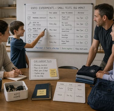 Family testing small improvements and routines to create lasting habits and reduce daily stress.