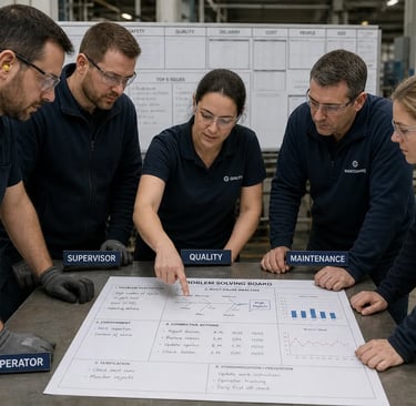 Cross functional team conducting A3 problem solving and root cause analysis to improve manufacturing performance.