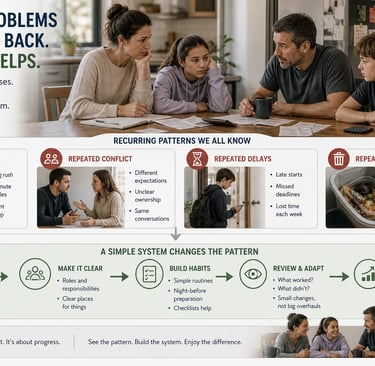 Family process improvement framework addressing recurring stress, conflict, delays and household waste.