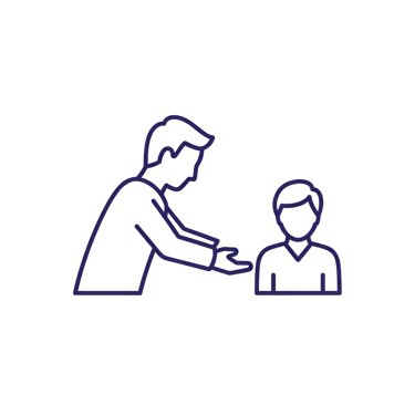 Line art icon of a doctor or mentor offering guidance to a young student or patient.