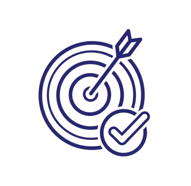 Purple outline icon of an arrow hitting a bullseye target with a checkmark for goal success.