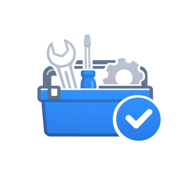 Blue toolbox icon with wrench, screwdriver, and checkmark symbol for repair services and maintenance.