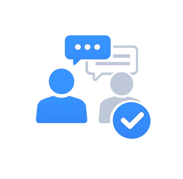 Flat vector icon of two people communicating with speech bubbles and a blue verification checkmark.