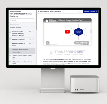 A desktop computer displaying an online business excellence training course on A3 reports.