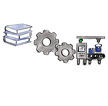 Illustration showing the process from books to mechanical gears and automated machinery.