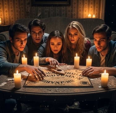 Group of friends in a dark abandoned living room