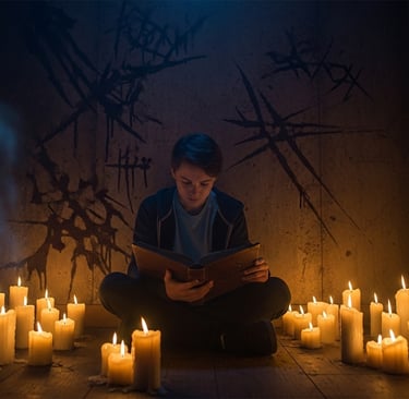 Teenager sitting on floor surrounded by candles