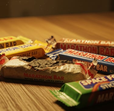 Vintage candy bars on a kitchen table under dim 1970s