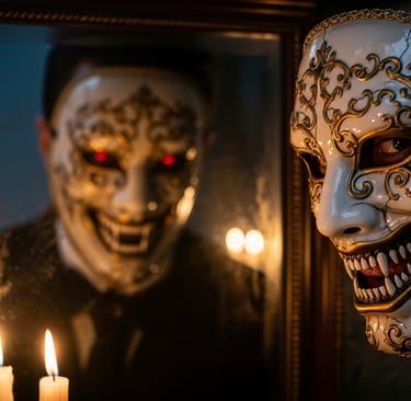 Close-up of a man wearing an ornate white mask