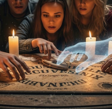 Close-up of planchette moving across Ouija board
