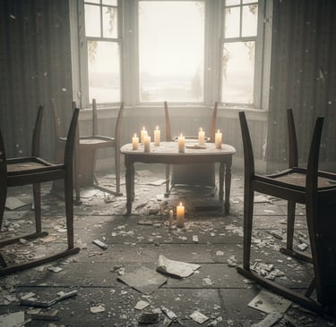 Empty room at dawn with overturned chairs, extinguished candles