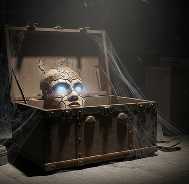 Old wooden trunk opened in a dark backstage room