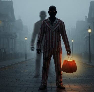Shadowy figure in a tattered red-and-white suit standing at the end of a foggy street,