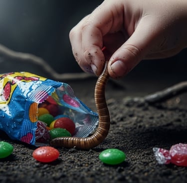 Close-up of a child’s hand pulling a worm from a candy bag