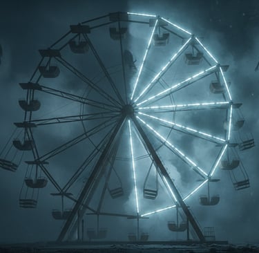Ferris wheel half-lit with ghostly bulbs