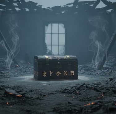 Burned-out house interior at dawn