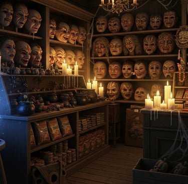 Interior of an old, candle-lit Halloween shop