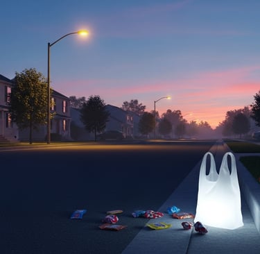 Empty suburban street at dawn, candy wrappers scattered