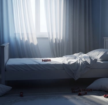 Child’s bedroom at dawn, candy wrappers scattered near an empty bed