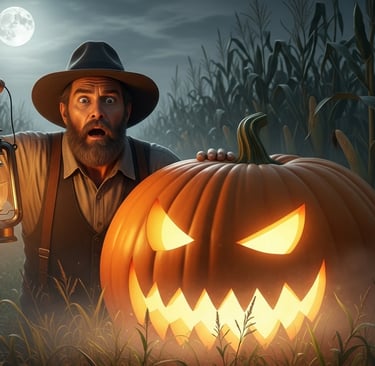 19th-century farmer discovering a large glowing pumpkin
