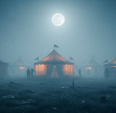 Misty field under full moon