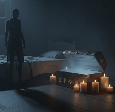 Bedroom at night with faint shadowy figure