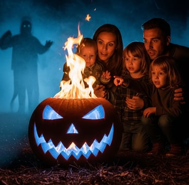 night scene of a jack-o’-lantern blazing with blue-orange fire