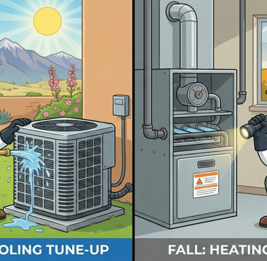 Professional HVAC technician performing spring air conditioning maintenance and fall heating furnace tune-up.