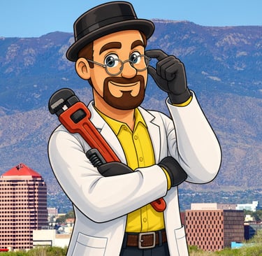 Cartoon plumber mascot holding a pipe wrench with the Albuquerque city skyline and mountains in the background.