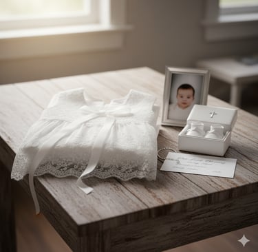 Close-up of a baby's baptism clothes and a small cross.
