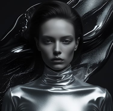 Elegant woman in metallic silver turtleneck against a flowing black liquid background.