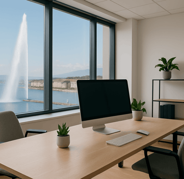a desk with a computer monitor and geneva lake
