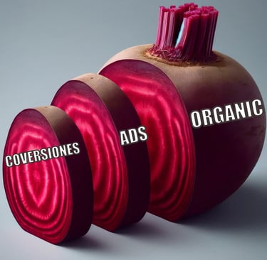 Una remolacha dividida en tres partes representando el marketing orgánico, el de pago y conversiones