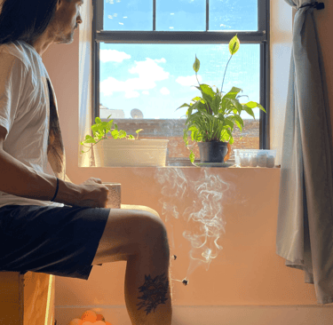 kim soo enjoys coffee while looking blue sky, while moxa smokes atop needles in both shin muscles