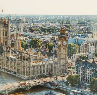 westminster, above city view, houses of parliament, golden elizabeth tower